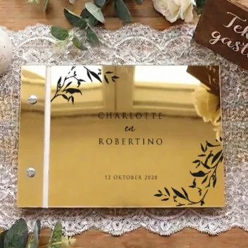 Gastenboek acryl Wild Botanical goud met zwarte bedrukking gepersonaliseerd met namen en datum bruiloft