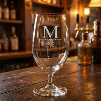 Gepersonaliseerd speciaalbier glas op een bar, ideaal als bier cadeau voor een verjaardag of Vaderdag.