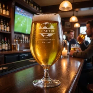 Sfeerimpressie van een gegraveerd voetbal bierglas op voet in een café setting