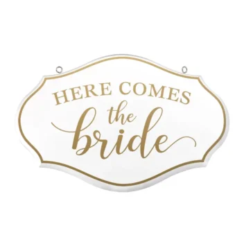 Here comes the bride bordje voor bruidskinderen wit met gouden tekst