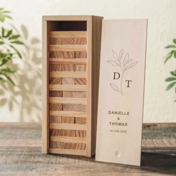Jenga gastenboek bruiloft minimalistisch design met gegraveerde houten kist met namen