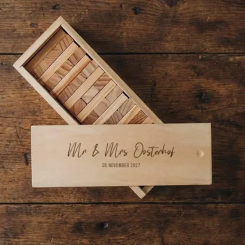 Jenga gastenboek bruiloft Mr and Mrs letterstijl gegraveerde houten kist met namen en datum