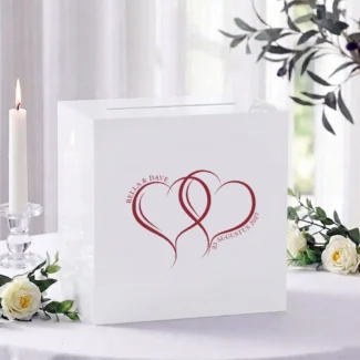 Gasten boek bruiloft wit acryl met dubbel hartendesign namen en datum