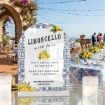 Limoncello tafelbordje bruiloft wit acryl met Italiaans citroen en tegelpatroon design gepersonaliseerd met namen 20x25 cm
