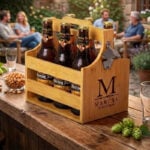 Luxe bamboe beer caddy met ingebouwde opener gevuld met bierflesjes op een houten tafel in de tuin