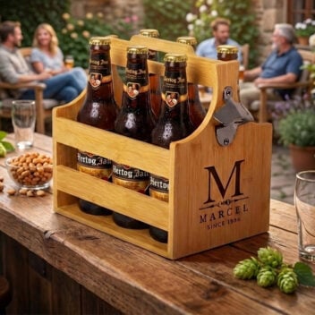 Luxe bamboe beer caddy met ingebouwde opener gevuld met bierflesjes op een houten tafel in de tuin