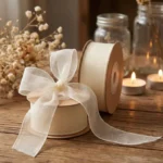 Rol luxe beige chiffon lint van 2,5 cm breed voor romantische bruiloft styling, menukaarten en boeketten