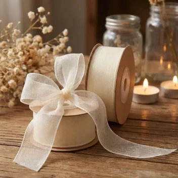 Rol luxe beige chiffon lint van 2,5 cm breed voor romantische bruiloft styling, menukaarten en boeketten