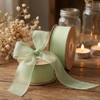 Rol luxe Sage Green chiffon lint van 2,5 cm breed voor botanische bruiloft decoratie en menukaarten