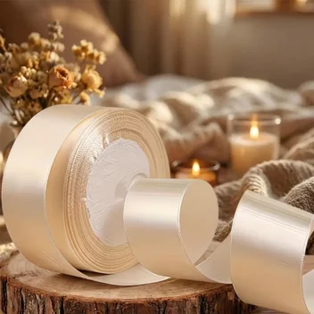 Luxe crème satijn lint van 2,5 cm breed in een romantische bruiloft sfeer met kaarsen en bloemen
