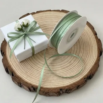Smal 3mm saliegroen (sage green) satijn lint voor een botanisch accent op cadeaudoosjes en trouwbedankjes