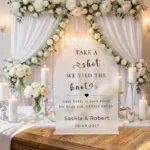 Take a Shot We Tied the Knot tafelbordje bruiloft frosted acryl gepersonaliseerd met namen en datum 20x25 cm inclusief standaard