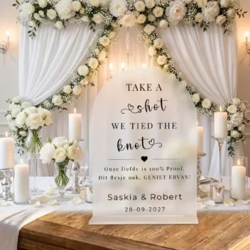 Take a Shot We Tied the Knot tafelbordje bruiloft frosted acryl gepersonaliseerd met namen en datum 20x25 cm inclusief standaard