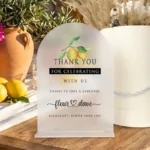 Thank you tafelbordje bruiloft frosted acryl citroen design gepersonaliseerd met namen en eigen tekst 20x25 cm inclusief standaard