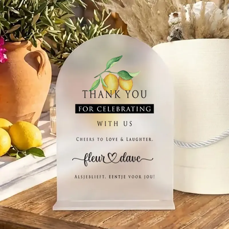 Thank You Tafelbordje Bruiloft Frosted Acryl Citroen Thank you tafelbordje bruiloft frosted acryl citroen design gepersonaliseerd met namen en eigen tekst 20x25 cm inclusief standaard