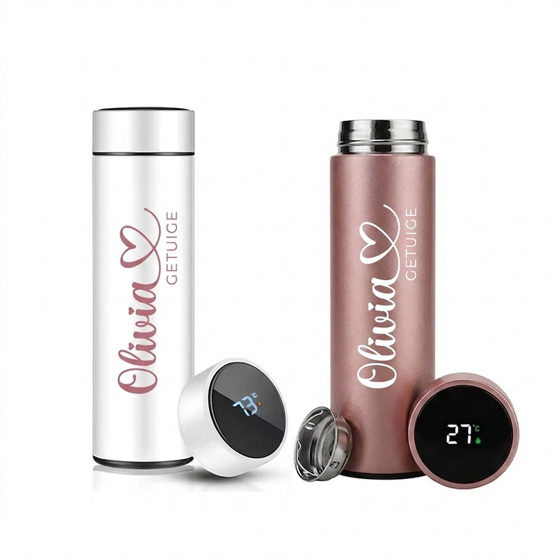 Thermosfles Cadeau Getuige Wit Thermosfles cadeau getuige wit gepersonaliseerd met naam en rol LED temperatuurdisplay 500ml