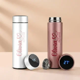 Thermosfles cadeau getuige in parelmoer wit met Rose Quartz print en roségoud met Deep Burgundy