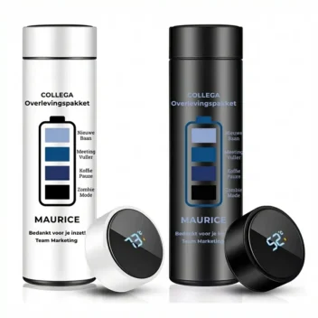 Thermosfles Collega Overlevingspakket wit en zwart gepersonaliseerd met naam en eigen tekst LED temperatuurdisplay