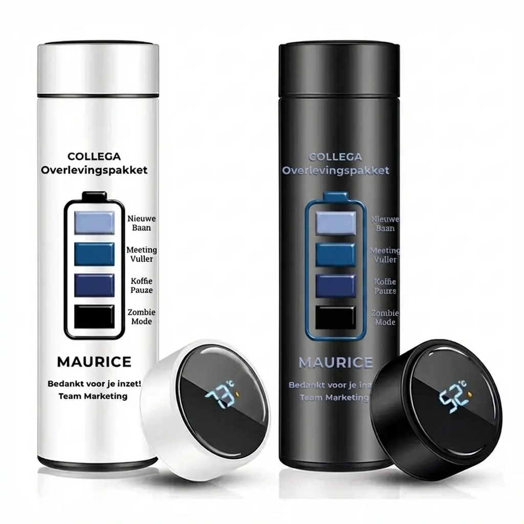 Thermosfles Collega Overlevingspakket Zwart Wit Thermosfles Collega Overlevingspakket zwart en wit gepersonaliseerd met naam en eigen tekst LED temperatuurdisplay