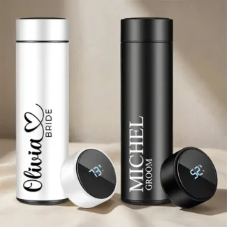Thermosfles set bride and groom met naam in 3D reliëf wit en zwart