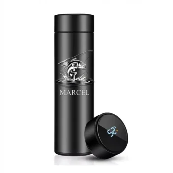 Thermosfles cadeau visser met naam zwart gepersonaliseerd vissen design LED temperatuurdisplay 500ml