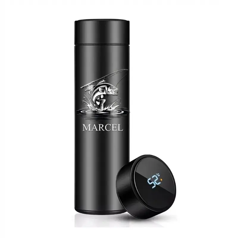 Thermosfles Visser met Naam LED Temperatuurdisplay Thermosfles cadeau visser met naam zwart gepersonaliseerd vissen design LED temperatuurdisplay 500ml
