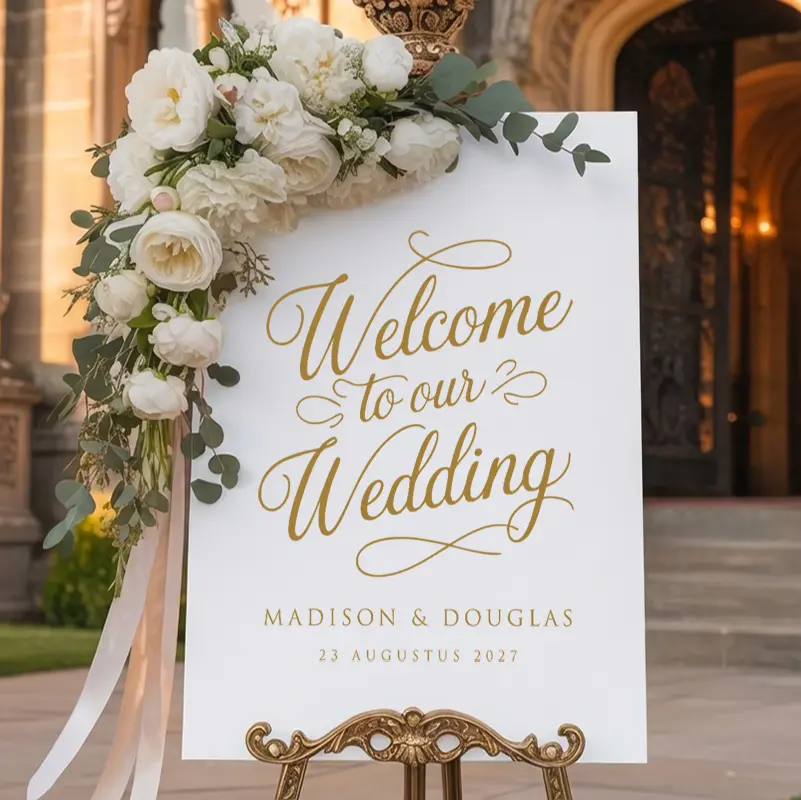 Welcome to our Wedding Bord Wit Acryl Goud Welcome to our Wedding bord wit acryl met gouden bedrukking gepersonaliseerd met namen en datum 60x40 cm