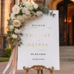 Welkomstbord bruiloft met gouden bedrukking op wit acryl met namen en datum