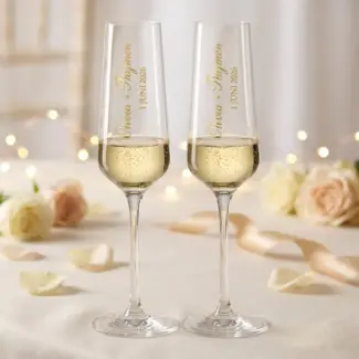 Twee champagneglazen met 'Olivia + Thymen 1 JUNI 2026' in gouden letters, gevuld met bubbels, op een feestelijke tafel