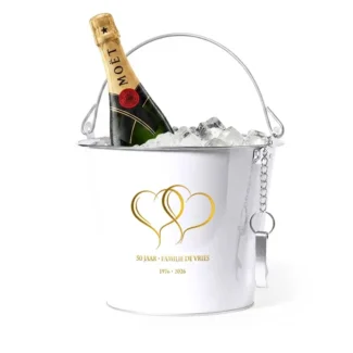 Champagnekoeler gouden jubileum 50 jaar met hartendesign en gepersonaliseerde tekst