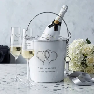 Jubileum set champagnekoeler en champagneglazen 25 jaar getrouwd zilver gepersonaliseerd