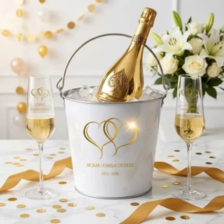 Jubileum set champagnekoeler en champagneglazen 50 jaar getrouwd goud gepersonaliseerd