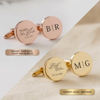 Sebastian manchetknopen in goud met Best Man script en datum en rosé goud met Father of the Bride script, beide met monogram initialen rechts
