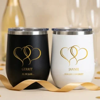 Thermosbeker set gouden jubileum 50 jaar gepersonaliseerd met namen zwart en wit