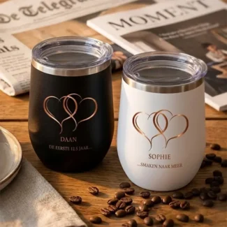 Thermosbeker set koperen jubileum 12,5 jaar gepersonaliseerd met namen zwart en wit