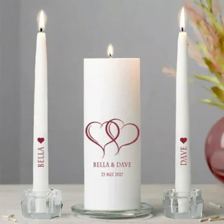 Unity kaarsen set met harten design gepersonaliseerd met namen en datum 3-delig